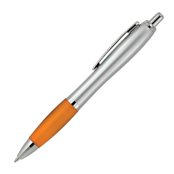 A ballpoint pen with a silver barrel and an orange rubber grip, featuring a clip and a shiny tip.
