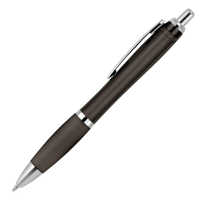 A ballpoint pen featuring a transparent dark grey barrel and silver accents, with a clip for easy attachment.