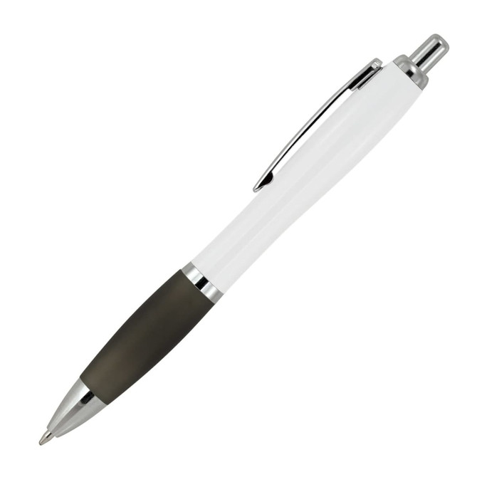 A ballpoint pen with a white barrel, black rubber grip, and metal accents. The pen features a clip and a branding logo.