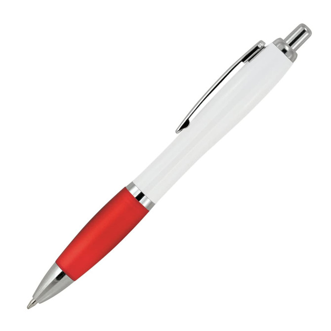 A ballpoint pen featuring a white body and red grip, with silver accents and a clip. Includes branding.