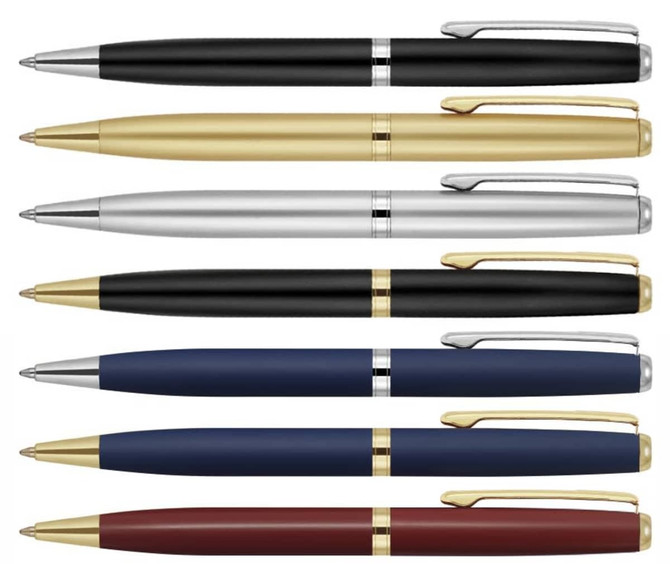A collection of ballpoint pens in black, silver, gold, dark blue, and burgundy, featuring sleek designs and clip attachments.