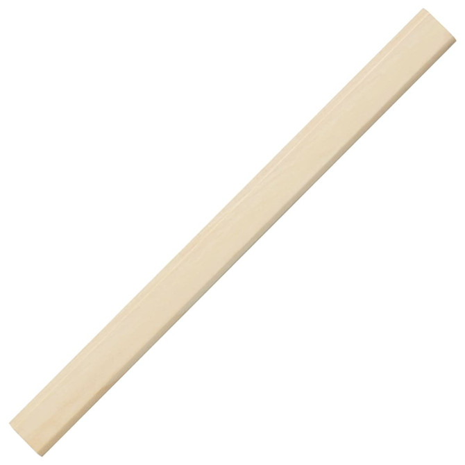 A plain light-coloured wooden pencil with a smooth finish, featuring an elongated rectangular shape.