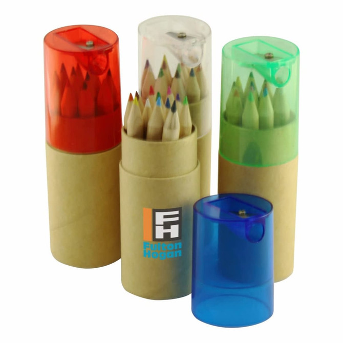A set of coloured pencils in transparent tubes, featuring red, green, blue, and clear caps, with a branded central tube.