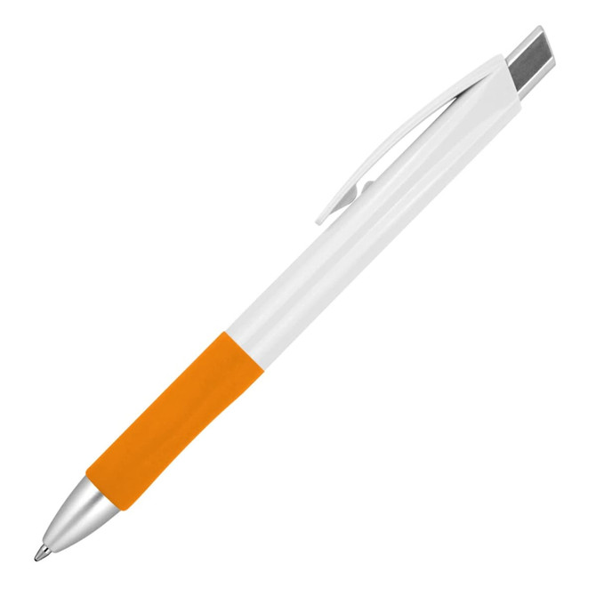 A ballpoint pen with a white barrel, orange grip, and silver accents, featuring a brand logo.