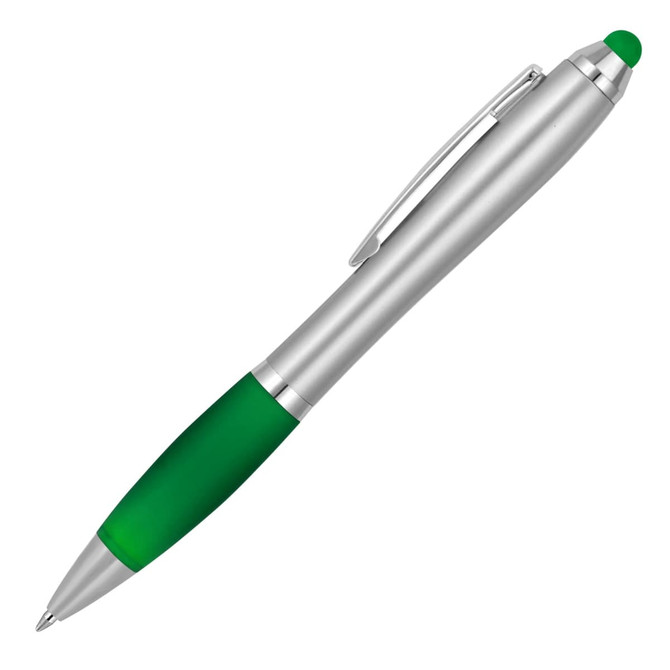 A silver ballpoint stylus pen with a green rubber grip and a matching green stylus tip, featuring a logo.