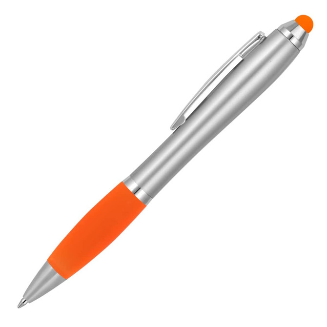 A ballpoint stylus pen featuring a silver barrel and an orange rubber grip with a logo.