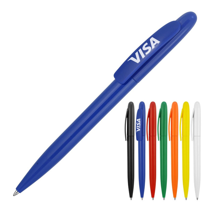A ballpoint pen in solid blue with a logo, accompanied by pens in black, orange, green, yellow, and white.