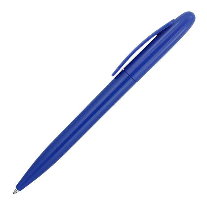 A blue ballpoint pen with a glossy finish and a clip, featuring a solid colour design.