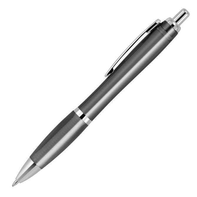 A ballpoint pen in transparent grey with silver accents and a clip for easy attachment.