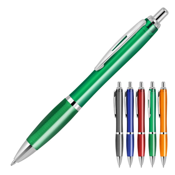 A ballpoint pen with a transparent green body and silver accents, displayed alongside pens in various colours.