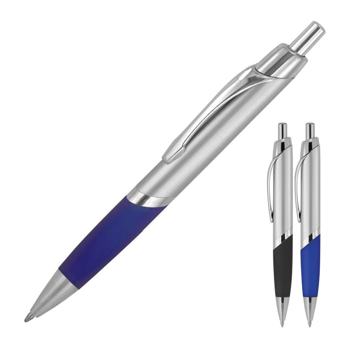 A silver ballpoint pen with a blue grip and a shiny finish, accompanied by two other pens in different colours.
