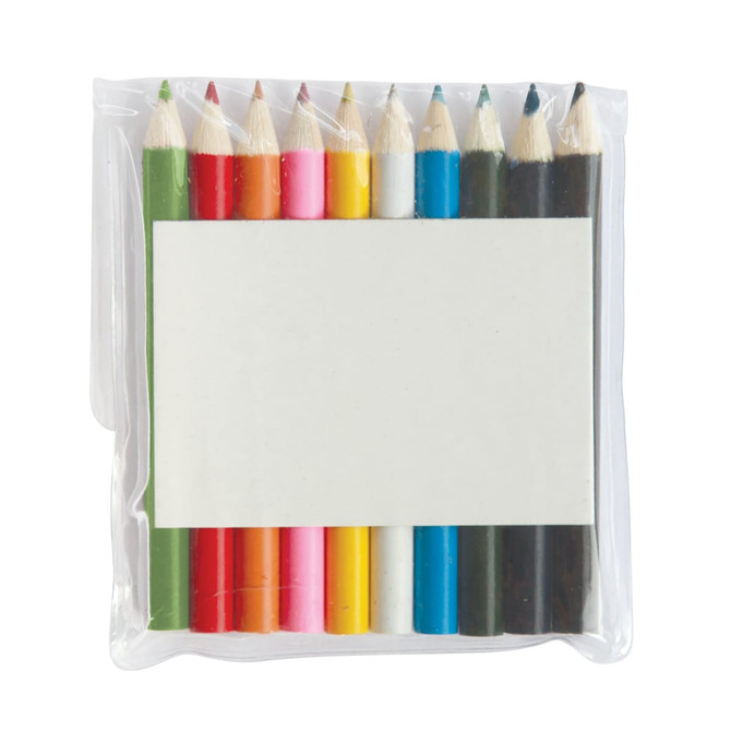A pouch containing ten half pencils in various colours, with a blank space for labelling.