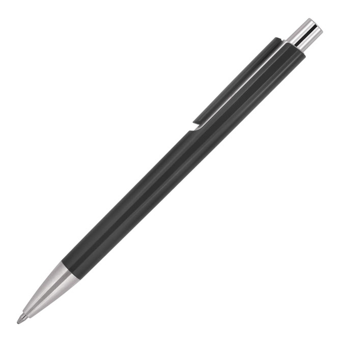 A black ballpoint pen with a silver clip and tip, featuring a smooth, curved design and a simple logo.