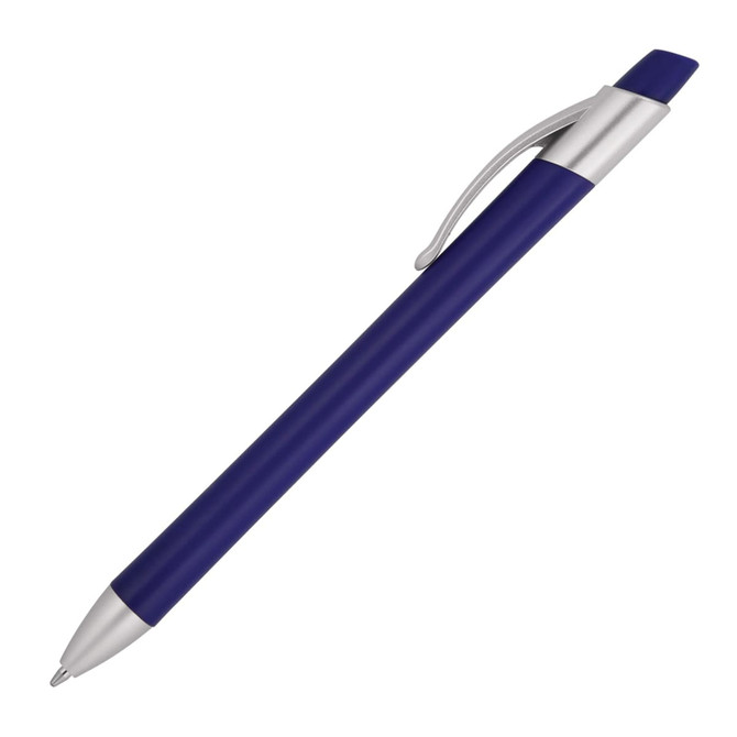 A ballpoint pen with a blue body and silver clip. It features a branding logo on the side.