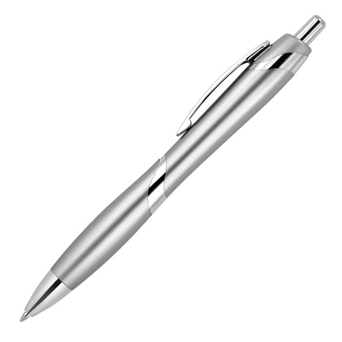 A silver ballpoint pen with a sleek design and chrome accents. The pen features a clip and is glossy.