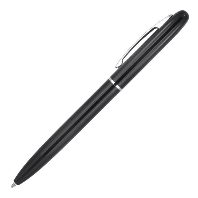 A black pen with a silver accent and a clip, featuring a sleek design.