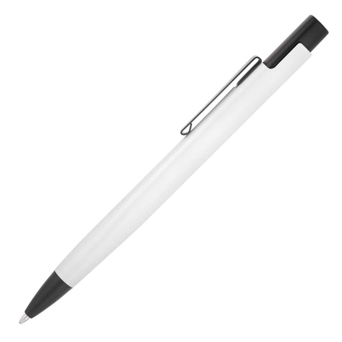 A ballpoint pen with a matte white body and black accents, featuring a clip and a logo.