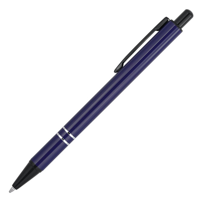 A blue metal ballpoint pen with a black clip and two silver stripes along the barrel, featuring a logo.