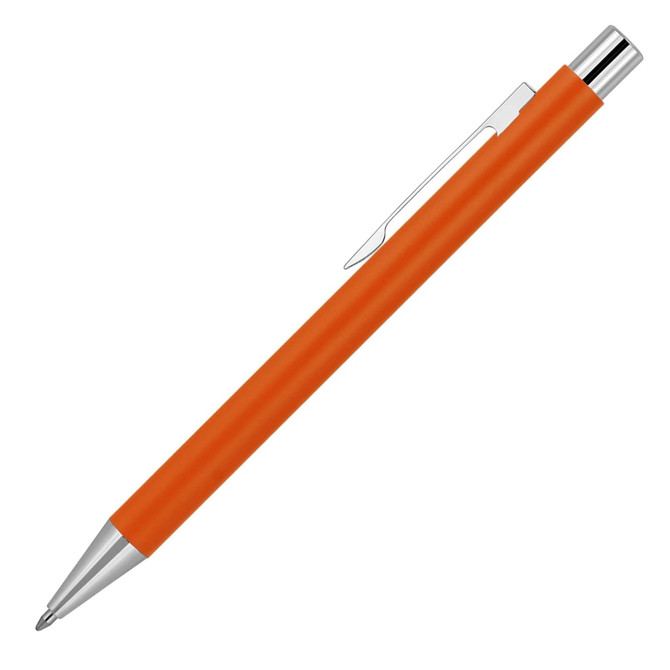 An orange matte ballpoint pen with a silver clip and tip, featuring a branded logo.