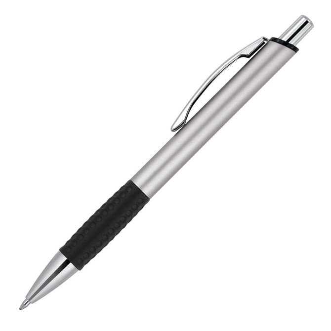 A metal ballpoint pen with a silver body and black rubber grip, featuring a clip and chrome accents.