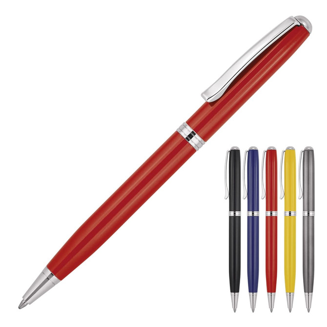 A red ballpoint pen with a chrome clip and detailing, accompanied by pens in black, blue, yellow, and grey.