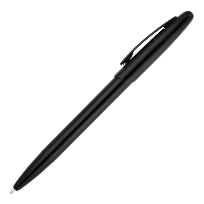 A black matte ballpoint pen with a sleek design and a clip, featuring an engraved logo.