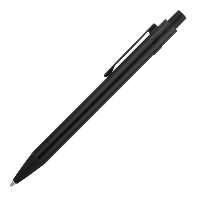 A black metal ballpoint pen with a clip and a sleek design, featuring a branding logo.