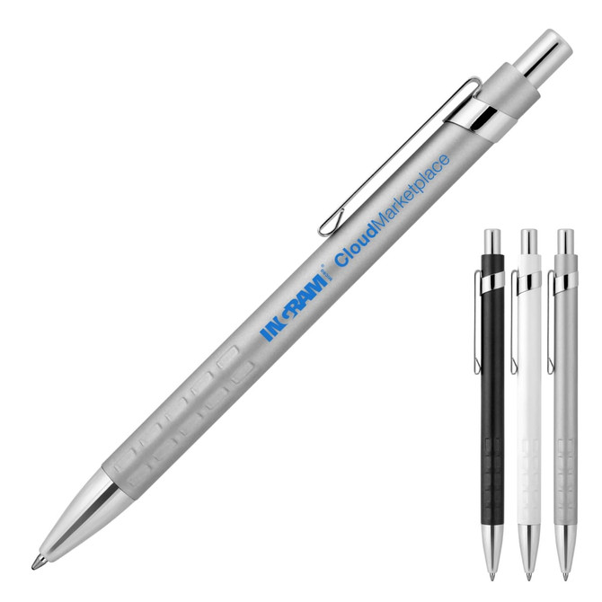 A metal ballpoint pen in matte silver, featuring a chrome clip and accents, with options in black and white.