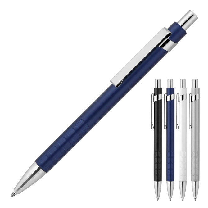 A metal ballpoint pen in matte navy, featuring a silver clip and available in black, silver, and white options.