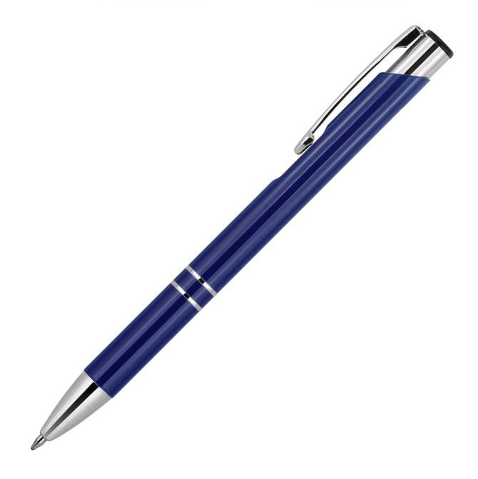 A blue ballpoint pen with chrome accents and a clip, featuring a branded logo.