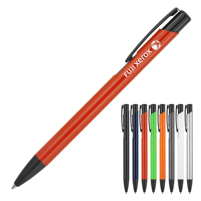 A metal ballpoint pen with a red body and black trim, featuring a logo, alongside pens in various colours.