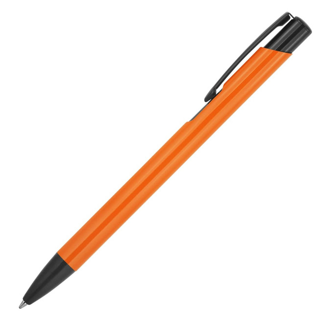 A metal ballpoint pen with an orange body and black trim, featuring a clip and a sleek design.