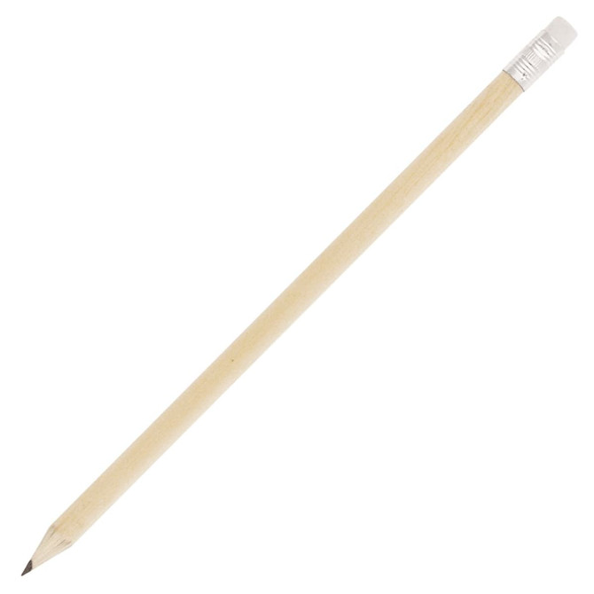A natural wood pencil with a silver eraser at the end, featuring a sharpened tip and a smooth finish.
