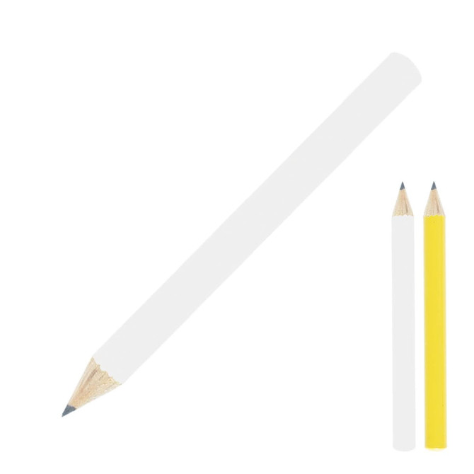 Three pencils are displayed: one white pencil and two smaller pencils, one white and one yellow, with sharpened tips.