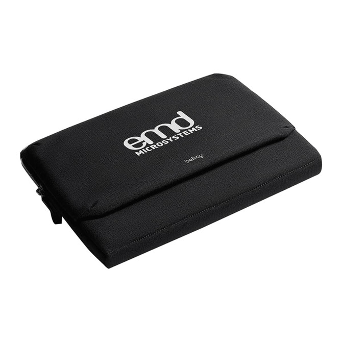 A black laptop caddy with a smooth surface and a logo, designed for carrying laptops securely.