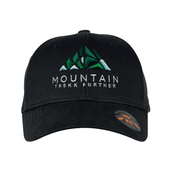 A black cap featuring an embroidered mountain design and a logo on the side.