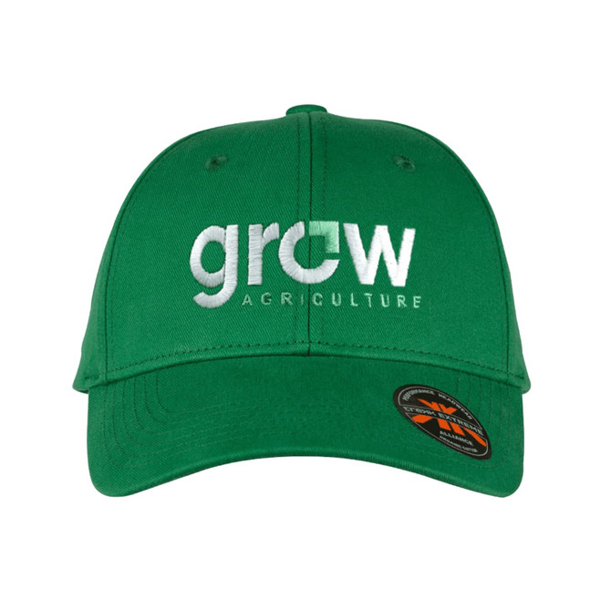 A green cotton twill cap with a logo on the front. The cap features a curved brim and adjustable strap.