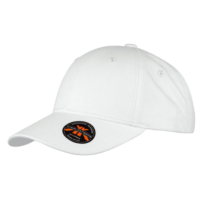 A white organic cotton twill cap with a curved brim and a logo on the side.