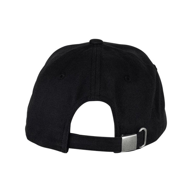 A black organic cotton twill cap featuring a strap adjustment and a logo on the back.