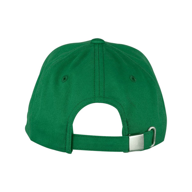 A green organic cotton twill cap featuring a strap at the back and a logo on the side.