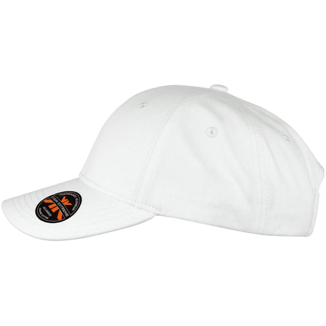 A white organic cotton twill cap featuring a decorative logo on the brim.