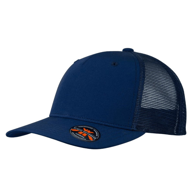 A navy blue trucker cap featuring a mesh back and a logo on the front.