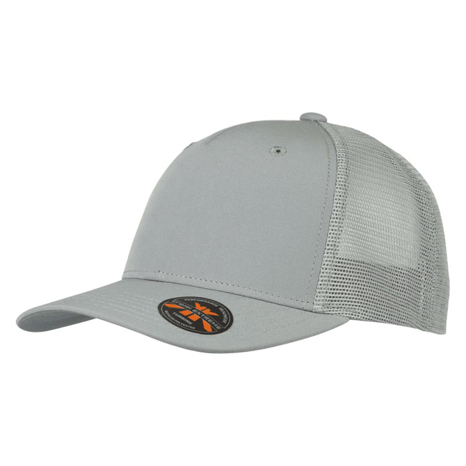 A grey trucker cap with a mesh back and a logo on the side.