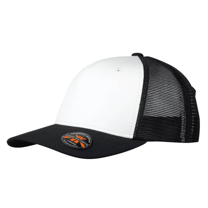 A black and white Turbine Trucker Cap featuring a mesh back and a circular logo on the front.