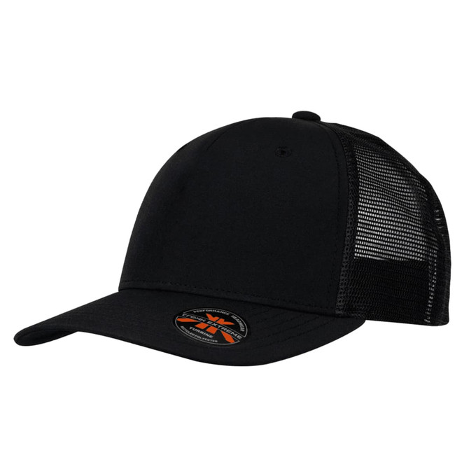 A black trucker cap featuring a solid front panel and a mesh back, including a logo on the front.