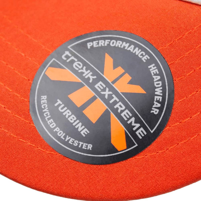 An orange trucker cap featuring a circular logo on the front. The cap is made from recycled polyester.
