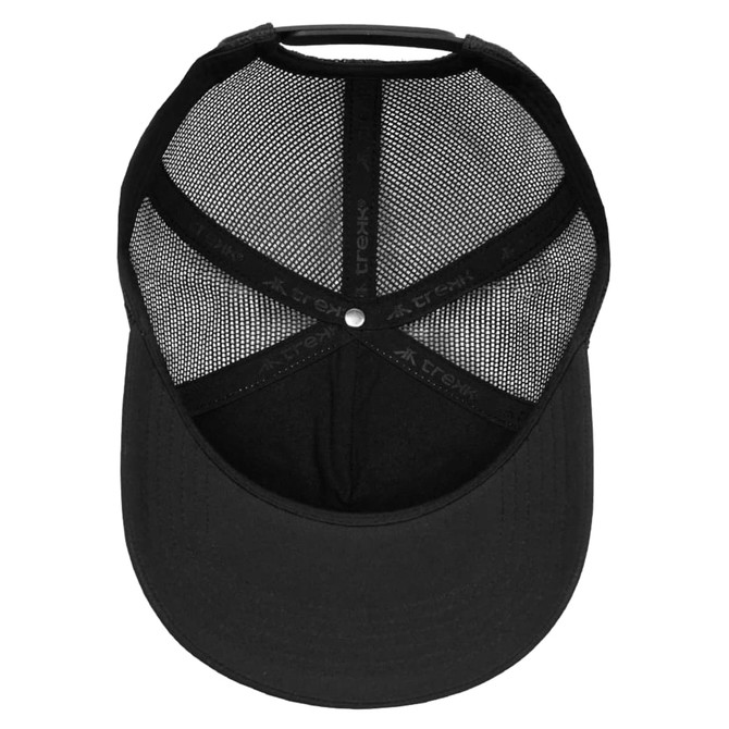 A black trucker cap featuring a curved visor and mesh back, with a logo inside.