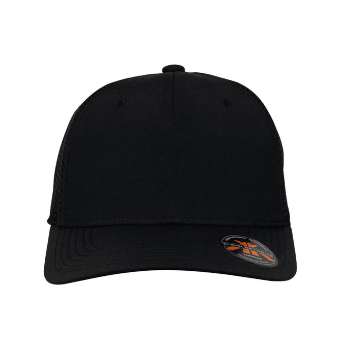 A black trucker cap featuring a mesh back and a rounded visor, with a logo on the front.