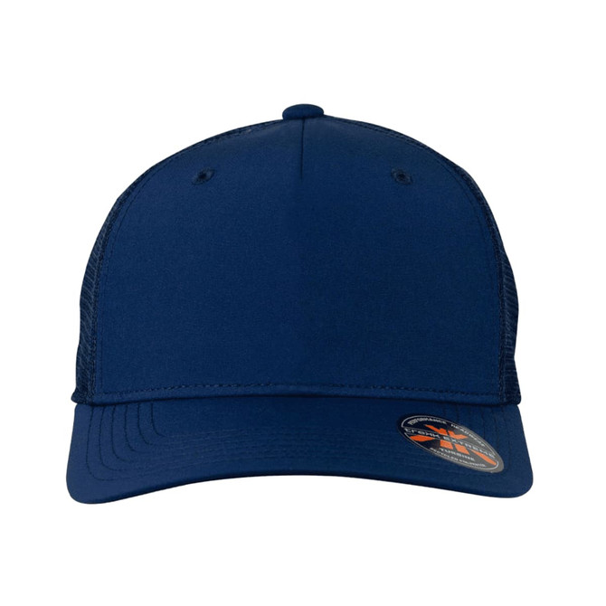 A navy blue trucker cap featuring a solid front and a mesh back, with a logo on the side.