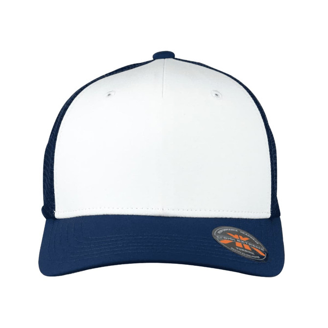 A navy and white trucker cap with mesh sides and a logo on the front.